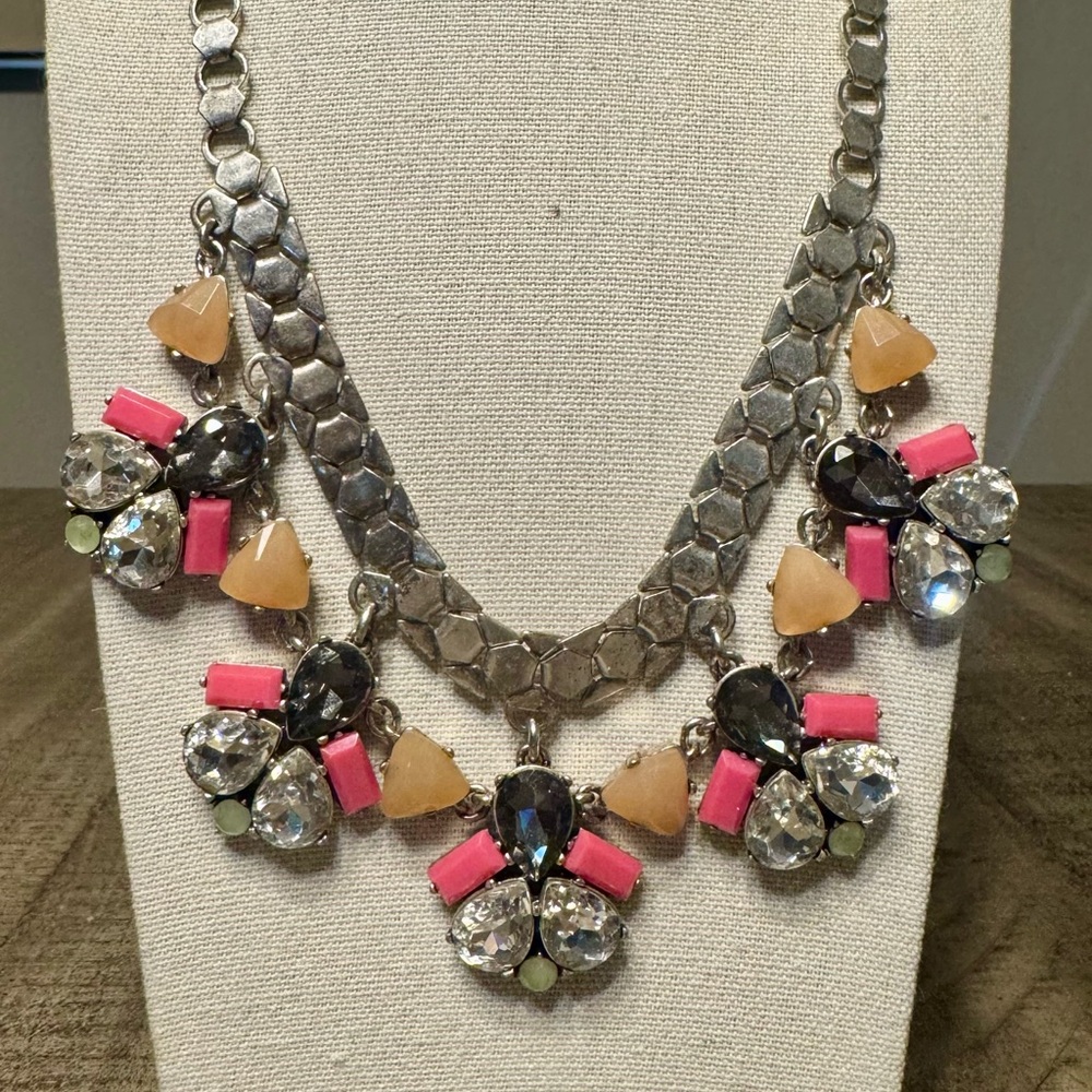 Stella and Dot Dark Gray, Pink, and Clear Crystal Statement Necklace Silver Tone